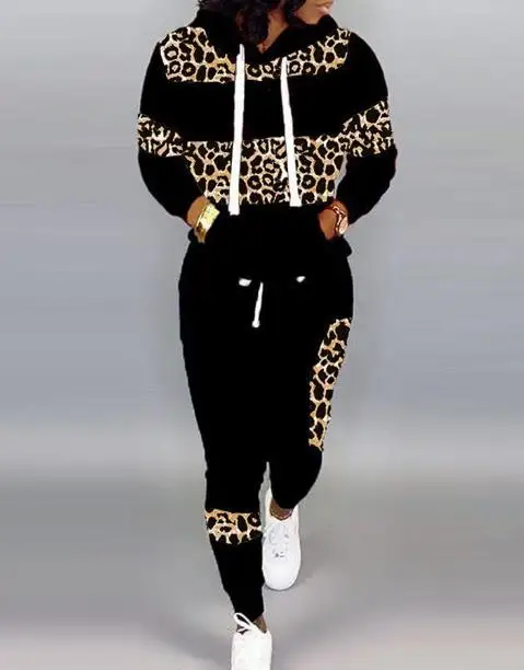 

Комплект из двух предметов, женская одежда, Весенняя мода 2023, с леопардовым принтом, с длинным рукавом и карманами, дизайнерская Толстовка и повседневные спортивные брюки
