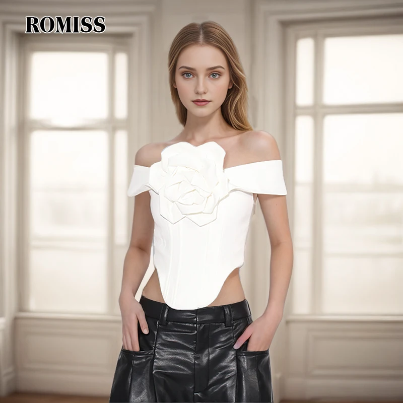 

ROMISS Solid Slimming Patchwork Appliques Vests For Women Strapless Sleeveless Spliced Zipper Off Shoulder Backless Vest Female