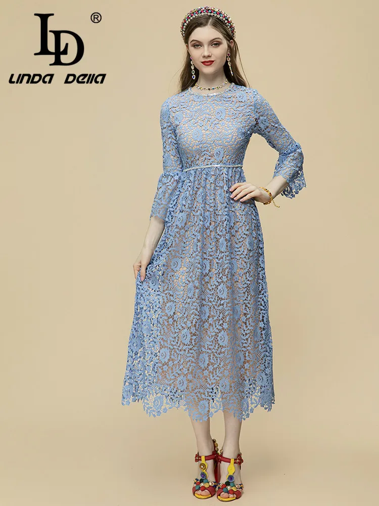 

LD LINDA DELLA 2023 Fashion Runway Summer Dress Women O-neck Flare Sleeve Hollow out Embroidery Blue Vintage Party Midi Dress