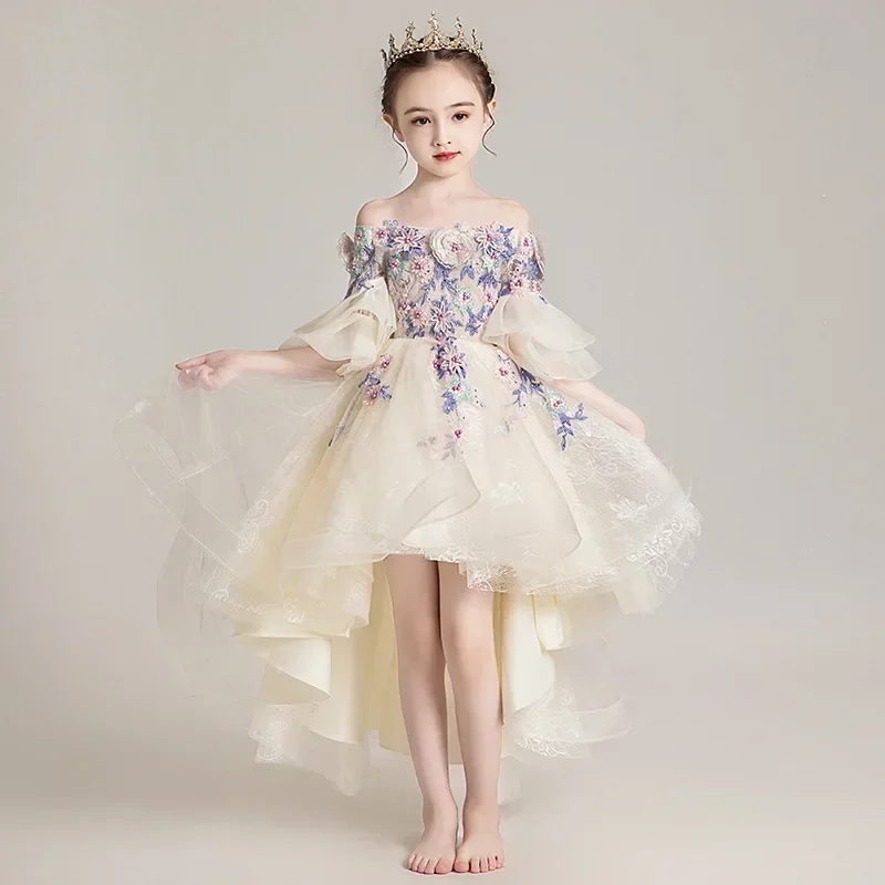 

2023 Kids Wedding Dress for Girls Summer Flower Girl Princess Tulle Dresses Teenager Formal Wedding Show Party Pageant Ball Gown