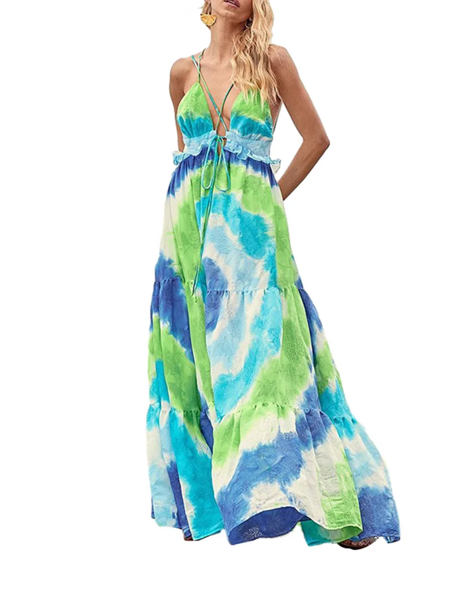 

Women s Elegant Sleeveless Floral Print Maxi Dress with Deep V-Neckline and Backless Design - Perfect for Summer Beach Parties