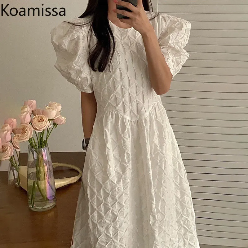 

Koamissa sweet french women long dress fashion new 2023 lady puff sleeves o-neck solid dresses summer slimming a line vestidos