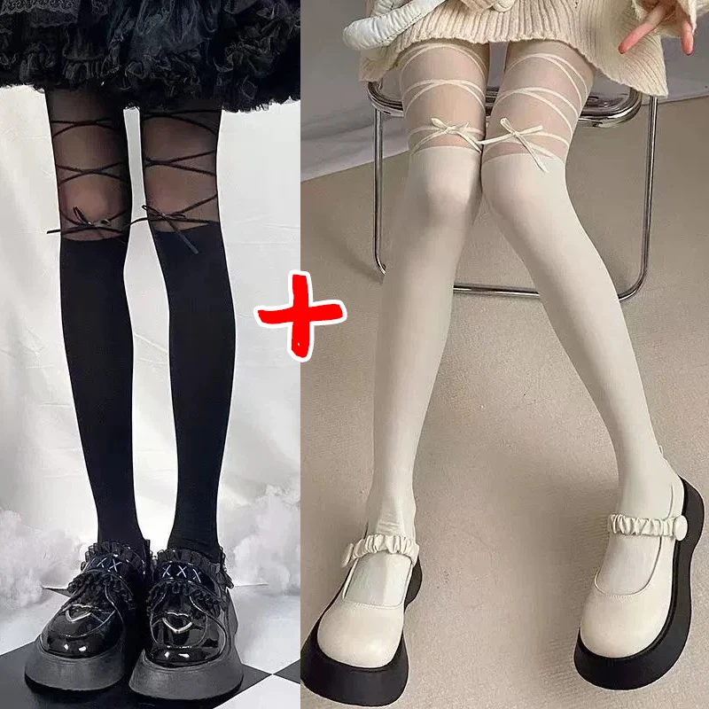 

1-2pairs Black White Bownot Stockings Women JK Lace Slimming Tights Sexy Strap Bow Fishnet Hosiery Sweet Leggings Pantyhose