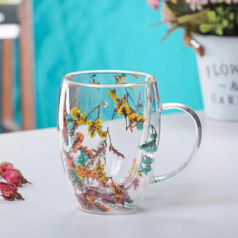 

Real Flower Double Layer Glass Cup Good-looking Gift Glass Cross-Border Borosilicate Simple Glass