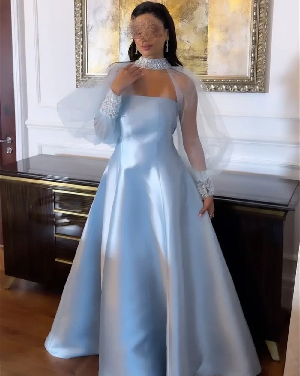 Modern Formal Evening Gowns Arabia Prom Dresses A-Line Sequins Beads Tulle Long Sleeves Floor Length High Neck Satin Party Dress
Modern Formal Evening Gowns Arabia Prom Dresses A-Line Sequins Beads Tulle Long Sleeves Floor Length High Neck Satin Party Dress