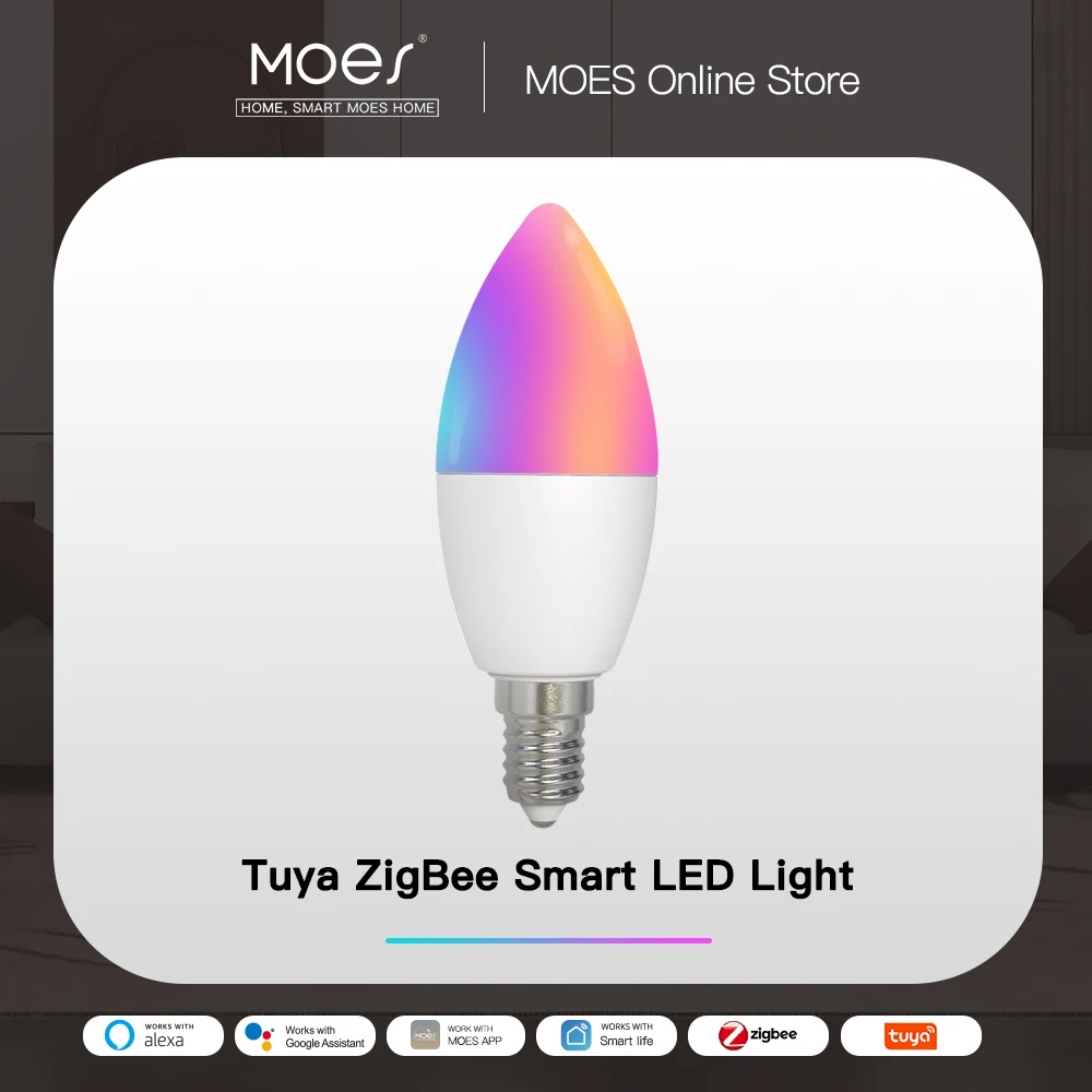 

MOES Zigbee LED Light Bulb E14 Candle Lamp Smart 5W RGBCCT 2200-6500K Dimmable Light Tuya Alexa Google Voice Control