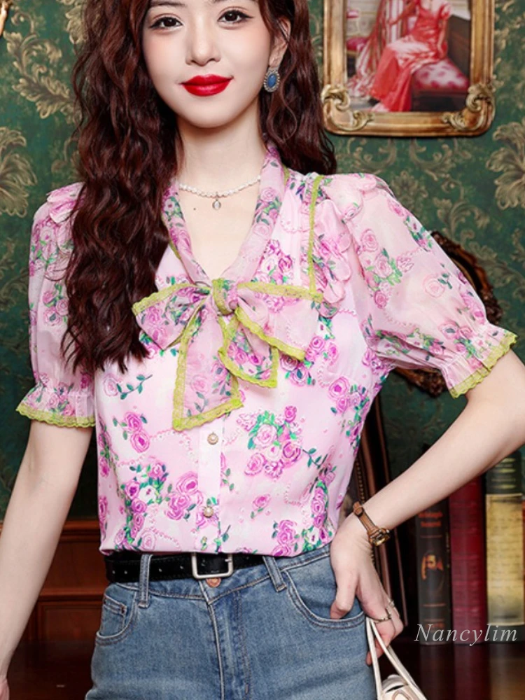 

Floral Chiffon Shirt Women's Summer Top 2024 New Design Sense Niche Short Sleeve Graceful Bow Blouses Lady Sweet Blusas