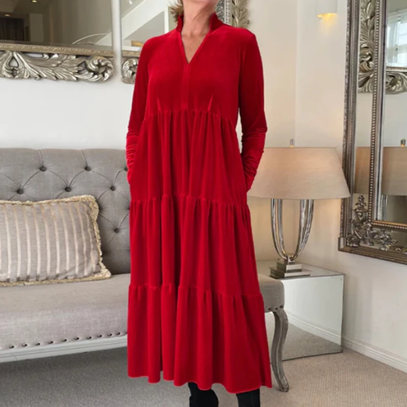 Vintage Long Sleeved High Waisted Dress Elegant Solid Color Pocket Commuting Dress Casual Women's V-neck Pleated Pullover Dress
Vintage Long Sleeved High Waisted Dress Elegant Solid Color Pocket Commuting Dress Casual Women's V-neck Pleated Pullover Dress