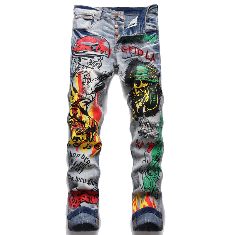 

Light Blue Washed Ripped Pencil Pants Men's Slim Stretch Button Fly Jeans Streetwear Hip Hop Print Male Stretch Denim Trousers