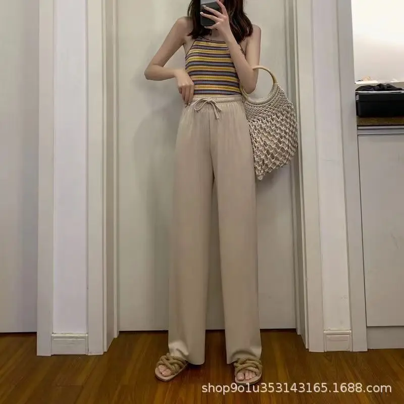 

Ice Silk Wide Legged Pants for Women's Summer 2024 New High Waist Draping Loose Straight Tube Thin Casual Slimming Drop Floor Dr