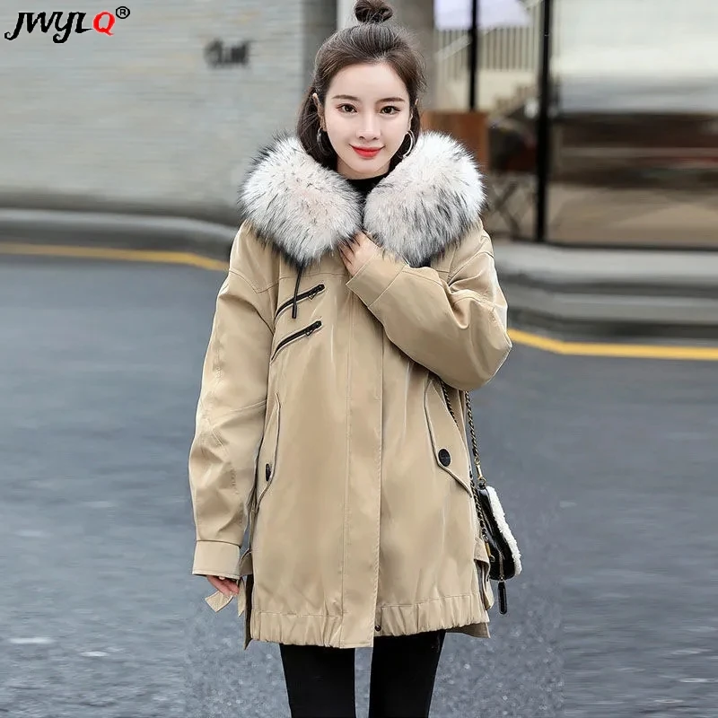 

Корейская модная зимняя одежда с капюшоном и воротником из искусственного меха с длинными рукавами парки 2023 универсальная свободная Толстая теплая уличная одежда большого размера куртка