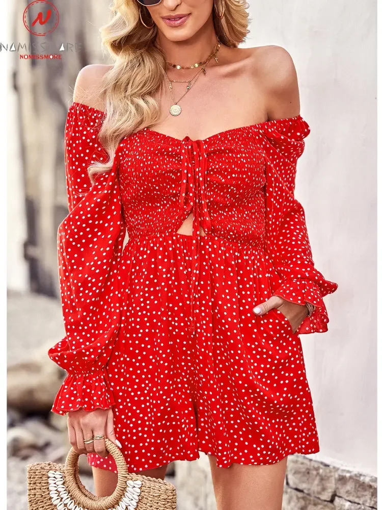 

England Style Women Summer Print Playsuits Shrinkage Drawstring Design Pocket Decor V-Neck Long Sleeve Mid Waist Loose Jumpsuits