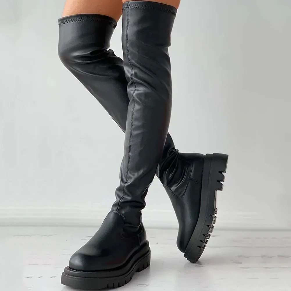 

2024 Female Platform Thigh High Boots Fashion Slim Chunky Heels Over The Knee Boots Women Party Shoes Botas De Mujer Saltos Alto