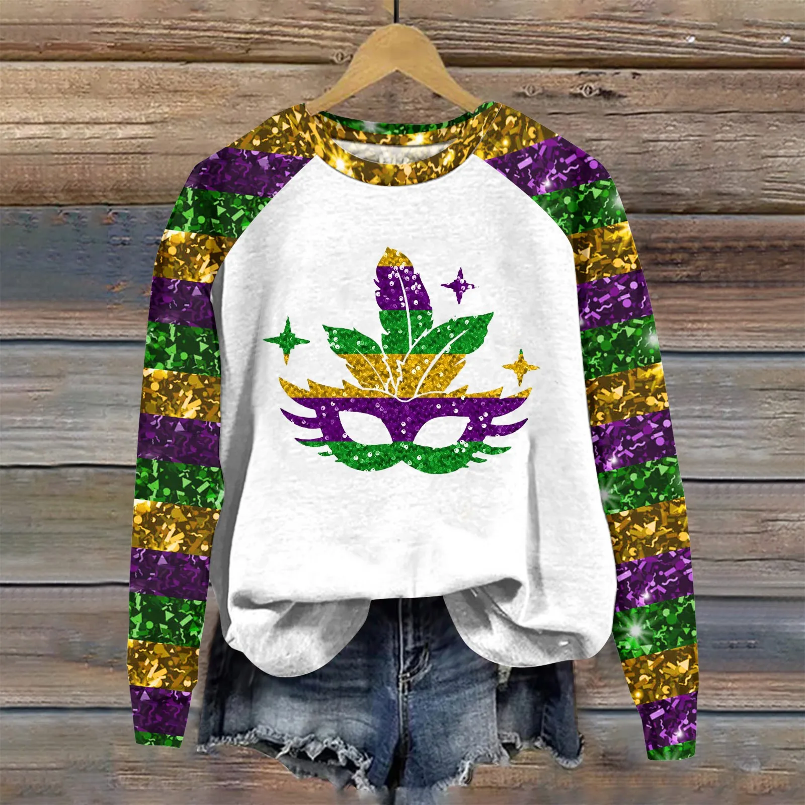 

Fashion Trend Carnival Clothes Women Mask Printed Tops Chic Round Neck Raglan Pullover 3d Sequin Patchwork Cartoon Pattern Tops