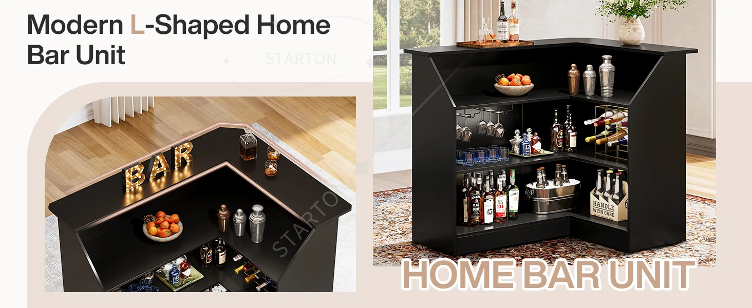 L-Shaped Bar Cabinet, 4-Tier Corner Bar Unit with Stemware Racks L-Shaped Bar Cabinet, 4-Tier Corner Bar Unit with Stemware Racks