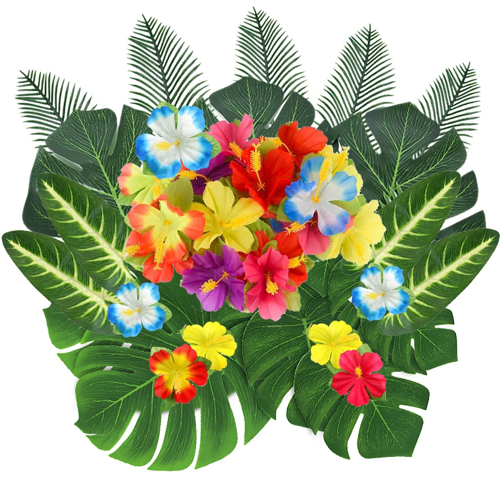 

Artificial Tropical Palm Leaves Hibiscus Flower for Beach Table Decor Hawaiian Luau Jungle Safari Birth Party Wedding Decoration