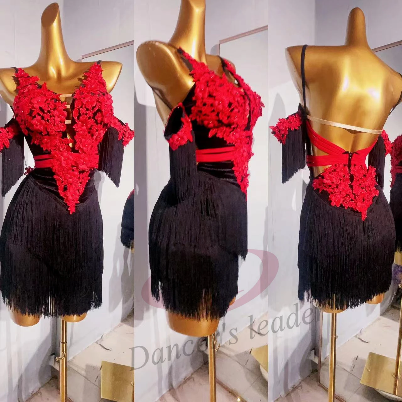 

Latin Dance Dress High-end Custom Red Flower Stitching Tassel Samba Tango Women's Adult Stage Professional Clothing