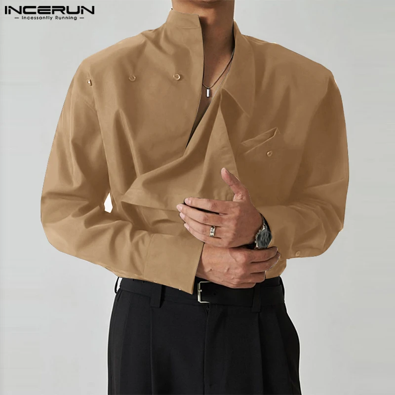 

INCERUN 2023 Men's Irregular Shirt Solid Color Stand Collar Loose Long Sleeve Casual Men Clothing Streetwear Fashion Male Shirts