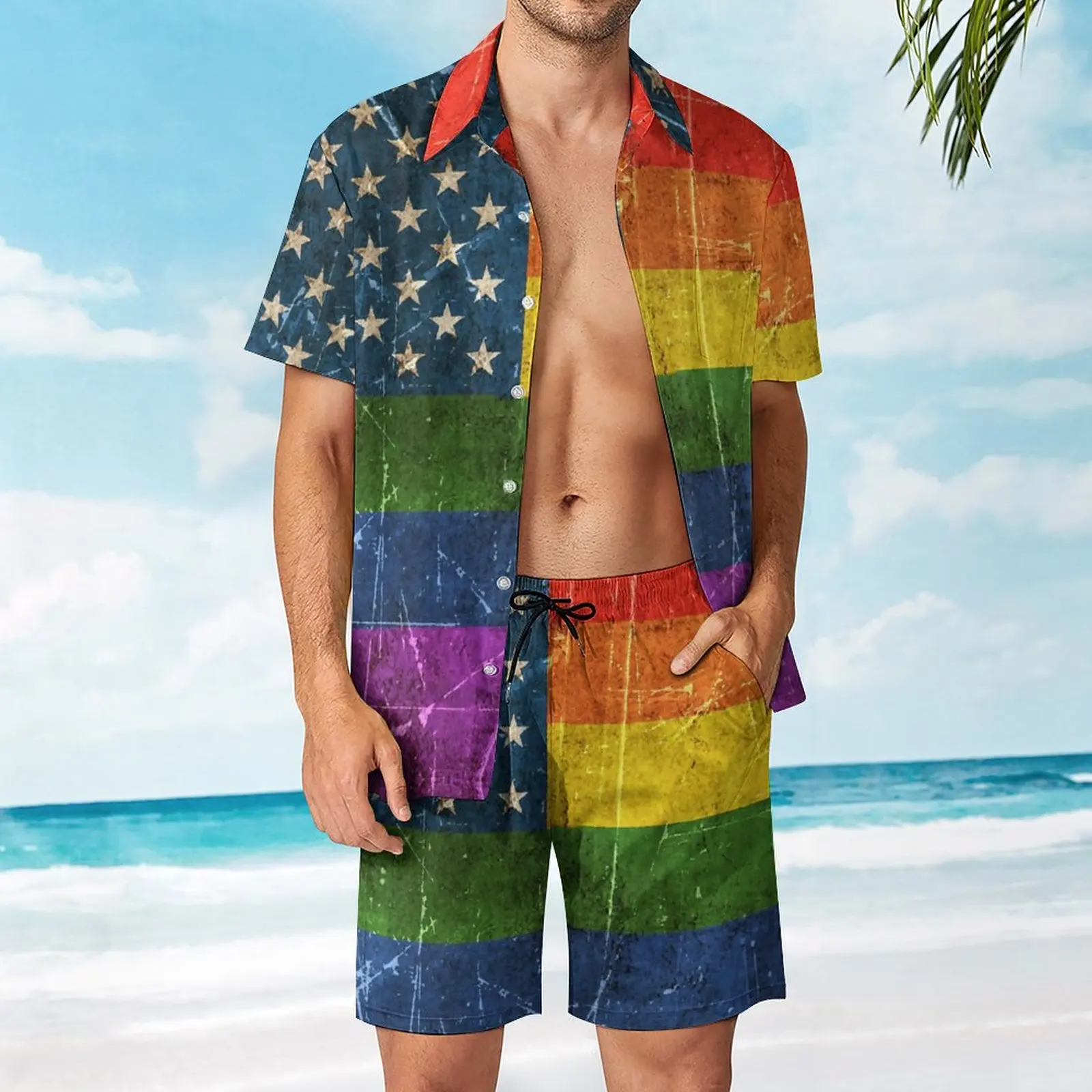 

Vintage Aged And Scratched Gay Pride Rainbow Ameri Home Men's Beach Suit Classic 2 Pieces Coordinates top Quality