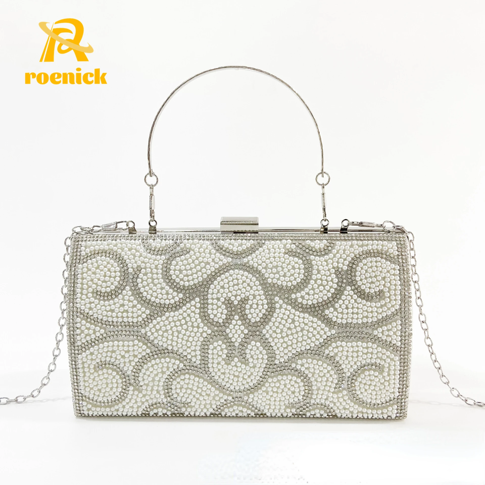 

ROENICK Women's Pearl Beaded Evening Bag with Handle Female Party Banquet Shoulder Chain Totes Luxury Designer Mini Handbags