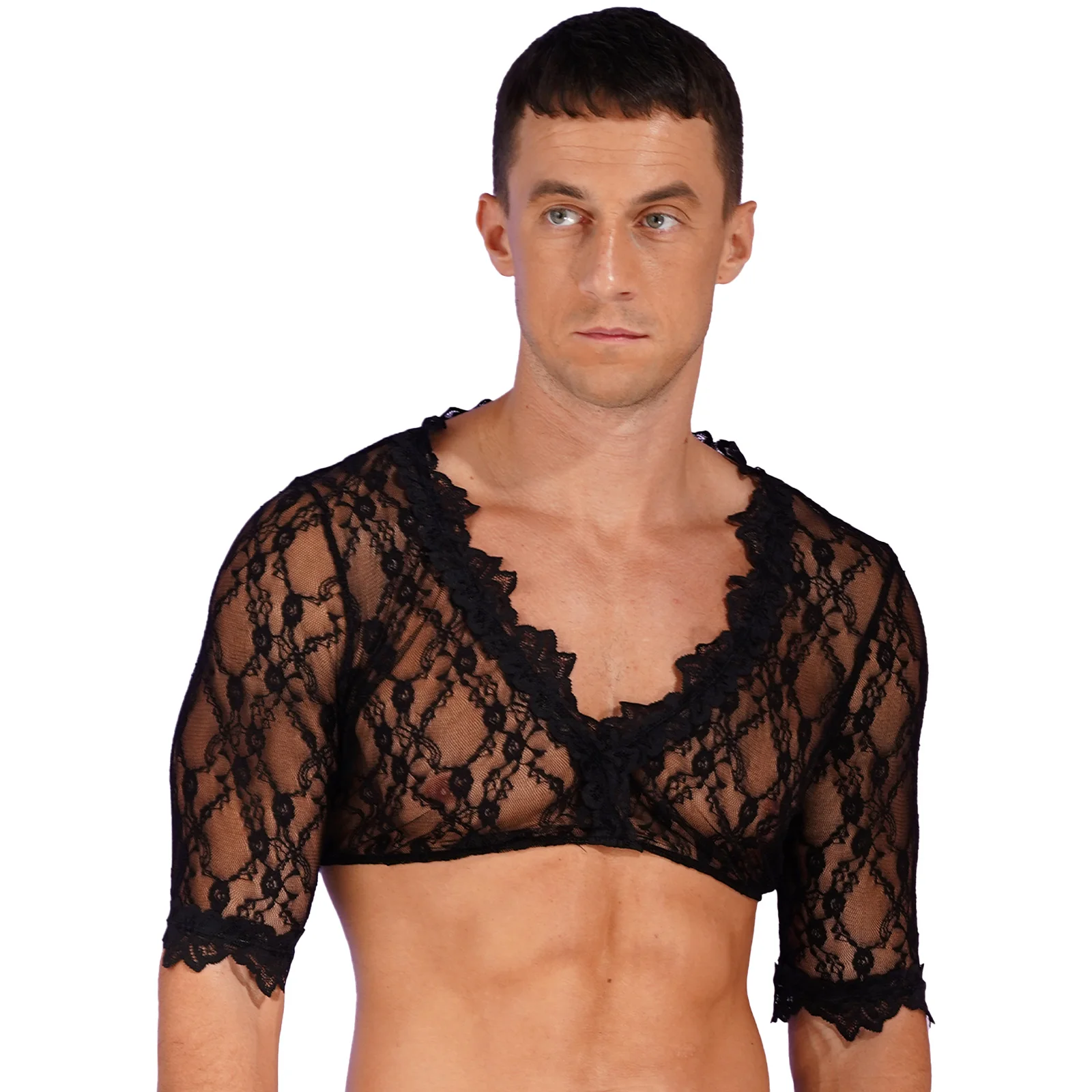 Mens see-though Deep V-Neck Half Sleeve Crop Top Sheer Lace Pullover Blouse Cross-Dresser Transvestite Costume
Mens see-though Deep V-Neck Half Sleeve Crop Top Sheer Lace Pullover Blouse Cross-Dresser Transvestite Costume