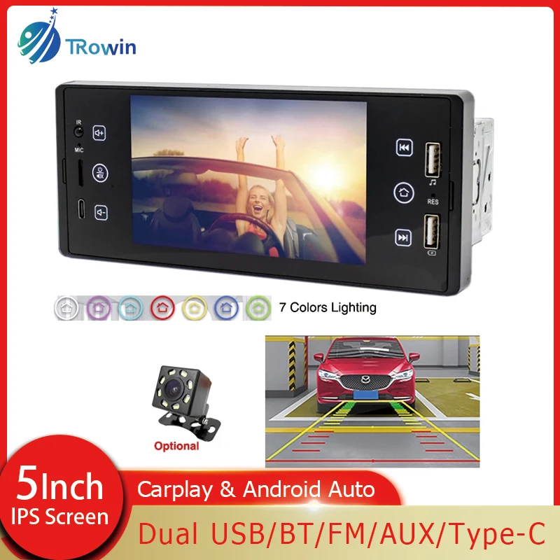 

5Inch Car Radio 1Din MP5 Multimedia Player Type-C Audio Wiress Carplay Android Auto HD IPS Screen Bluetooth Mirror Link