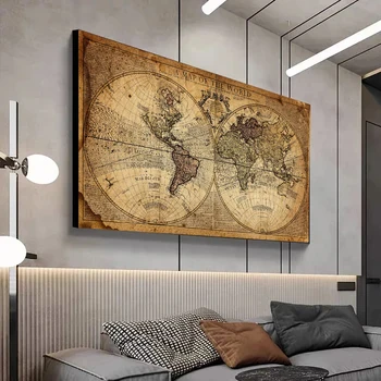 Map Of The World Retro Old Picture Canvas Vintage Earth Painting For Living Room Poster Prints Home Office Study Wall Art Decor