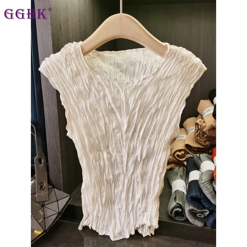 

GGHK Miyake Heavy Industries Premium Messy Pleat Textured Embossed Tank Top Sleeveless Classic Stretch Women's T-shirt In Stock