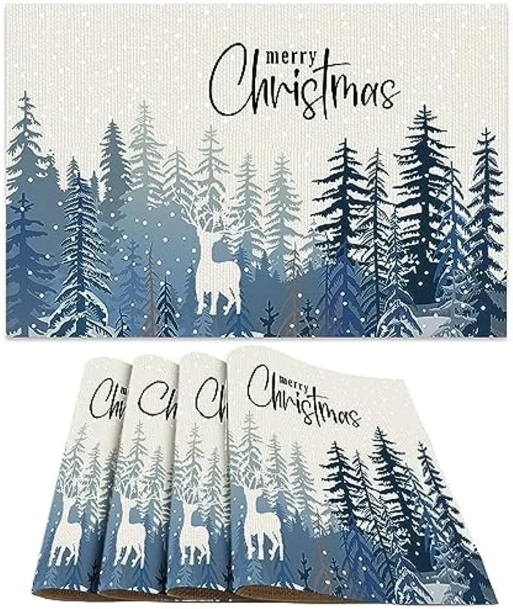 

Set of 4 Christmas Placemats Table Mats Pine Deer Snowflake Merry Christmas Table Placemats Seasonal Winter Holiday 12x18in