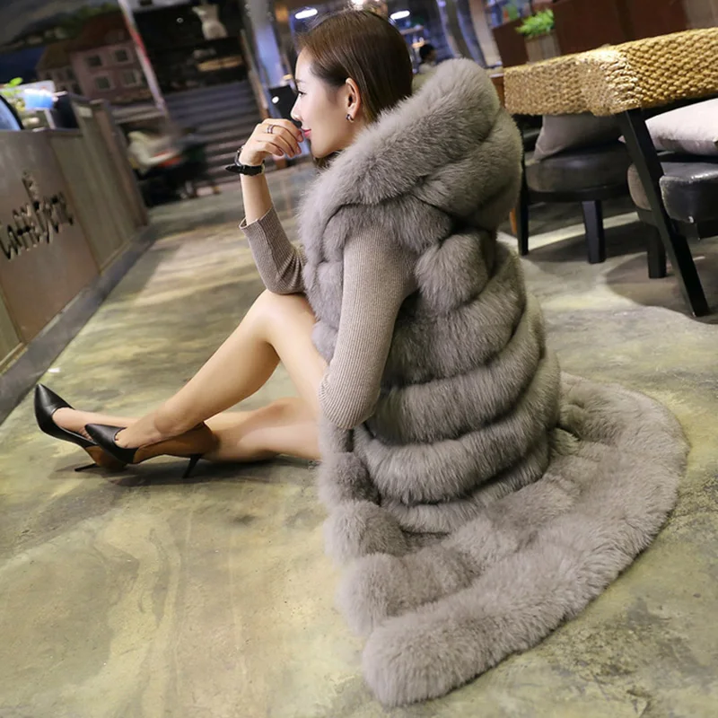 

6 Color New Women's Winter Jacket Long Faux Fur Coat Ultra-Dalian Hat Thick Jackets Veste Femme Imitation Fox Fur Sleeveless Min