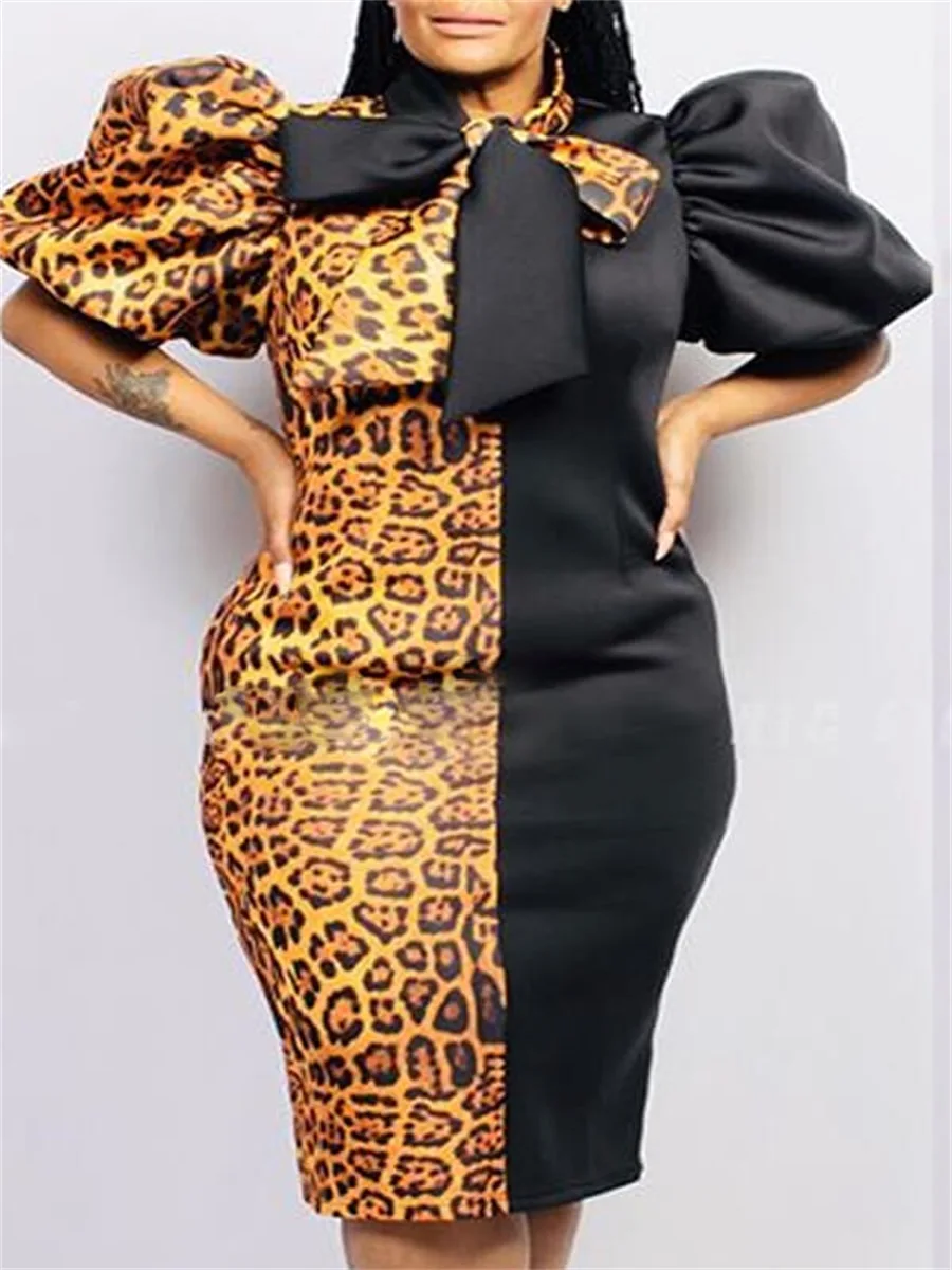 

LW Tie Neck Midi Dresses Leopard Print Fold Prom Dress Hubble Bubble Sleeve Color Block Pencil Dresses Women's Patry Clubwears