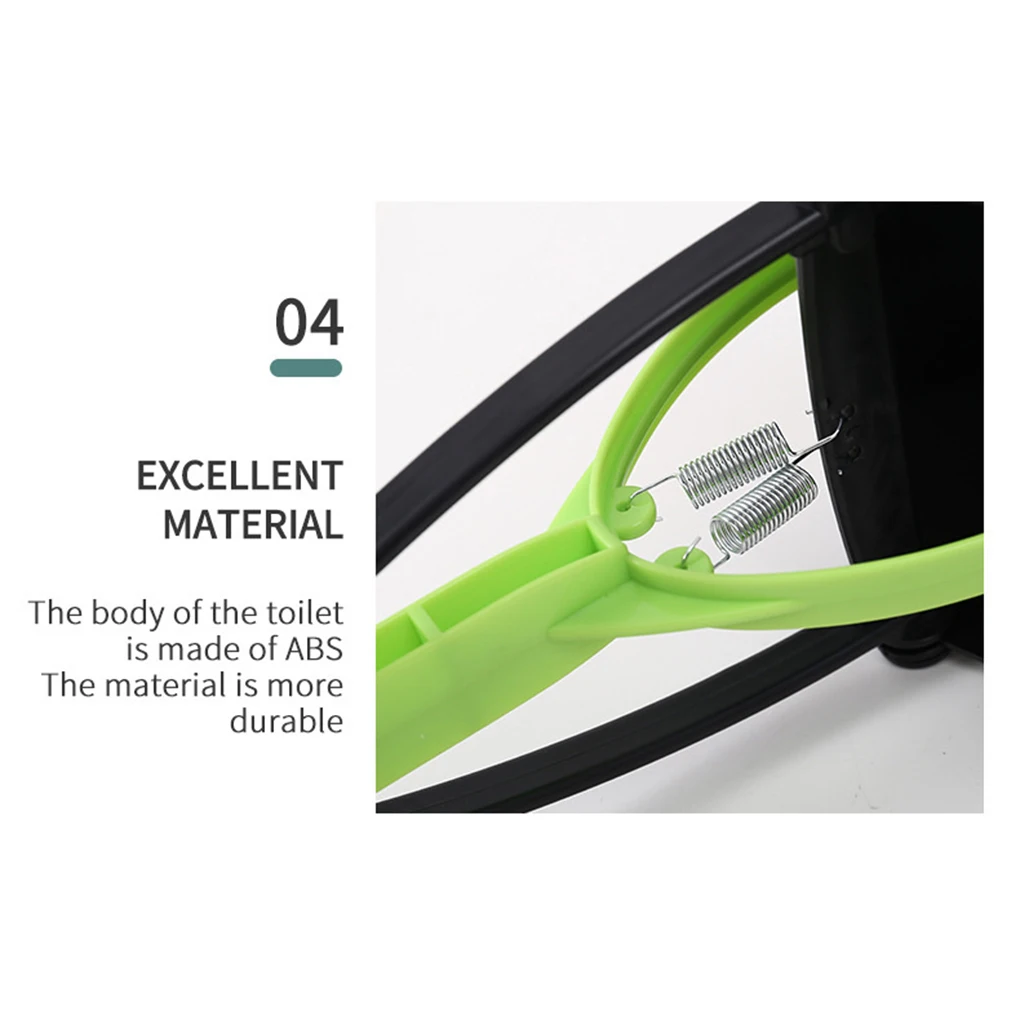 Dog Poop Scooper | Jaw Clamp Heavy Duty Poop Scooper Close-up of the lime green plastic jaw of the scooper featuring two thick metal tension springs. Text overlay reads "04 Excellent Material," highlighting the durable ABS plastic and strong bite force for secure waste pickup.