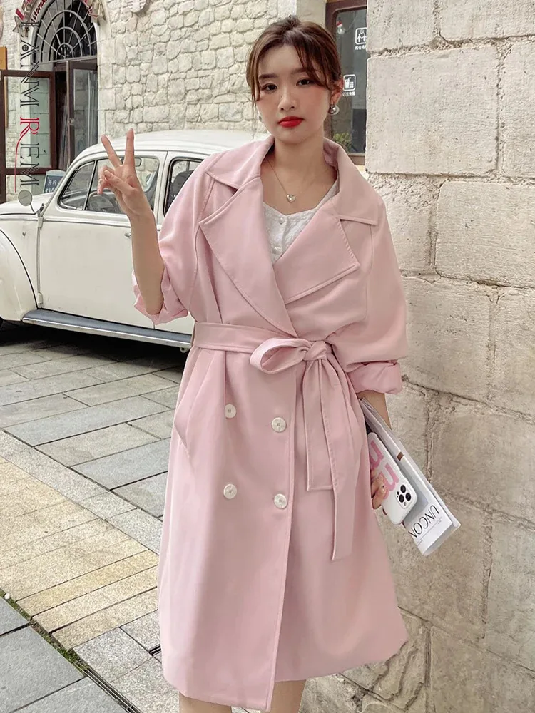 

LANMREM Pink Fashion Mid Length Trench Coat Women Notched Collar Double Breasted Belt Gathered Waist Female Windbreaker 2AA5204