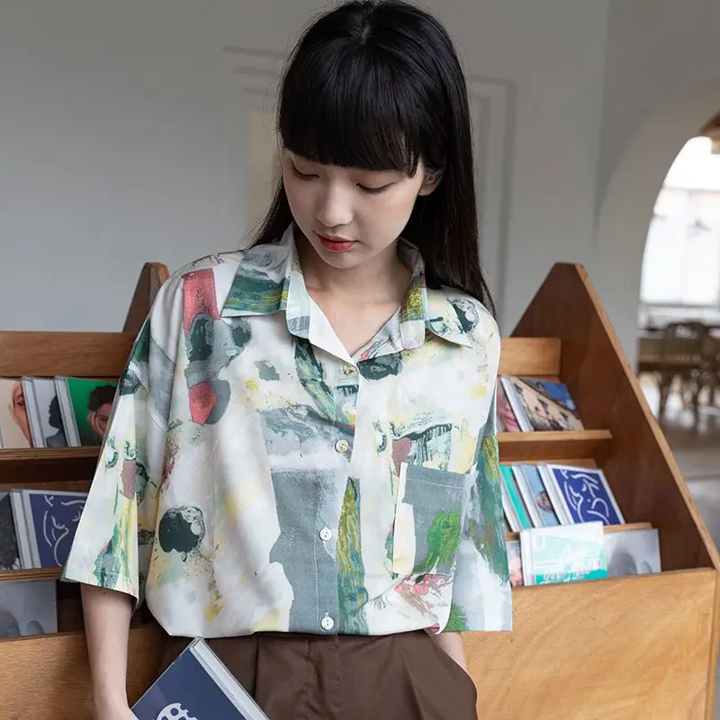 Colored Drawing Short Sleeve Blouse Women Summer Top Button Up Loose Collared Shirt Casual Fashion 2023
Colored Drawing Short Sleeve Blouse Women Summer Top Button Up Loose Collared Shirt Casual Fashion 2023