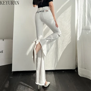 Jeans Blue Flared de Cintura Alta: Um Essencial Elegante e Confortável 11 High Waist White Embroidered Flared Jeans Women Spring Boot Cut Trousers Casual Stretch Skinny Bell Bottom Denim Pants Female