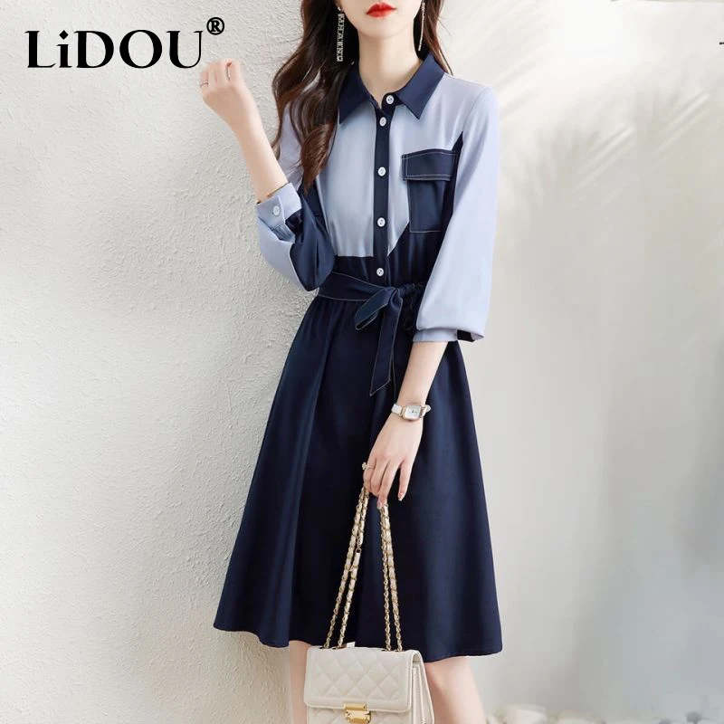 

Spring Autumn Polo-neck Vintage Patchwork Waist Dress Women Elegant Fashion Robe Long Sleeve A-line Dresses Vestidos De Fiesta