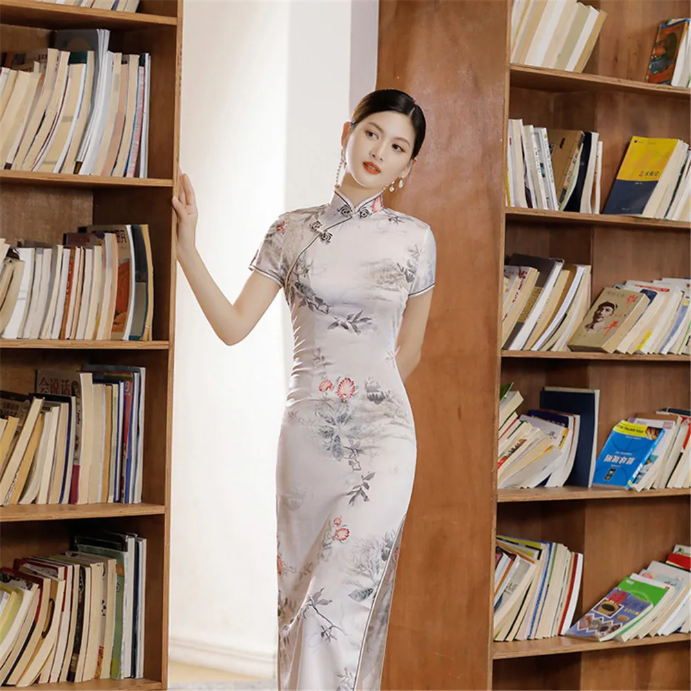 

Short Sleeve Chinese Style Cheongsam Women Sexy Silk Satin Qipao Elegant Vintage Mandarin Collar Dresses