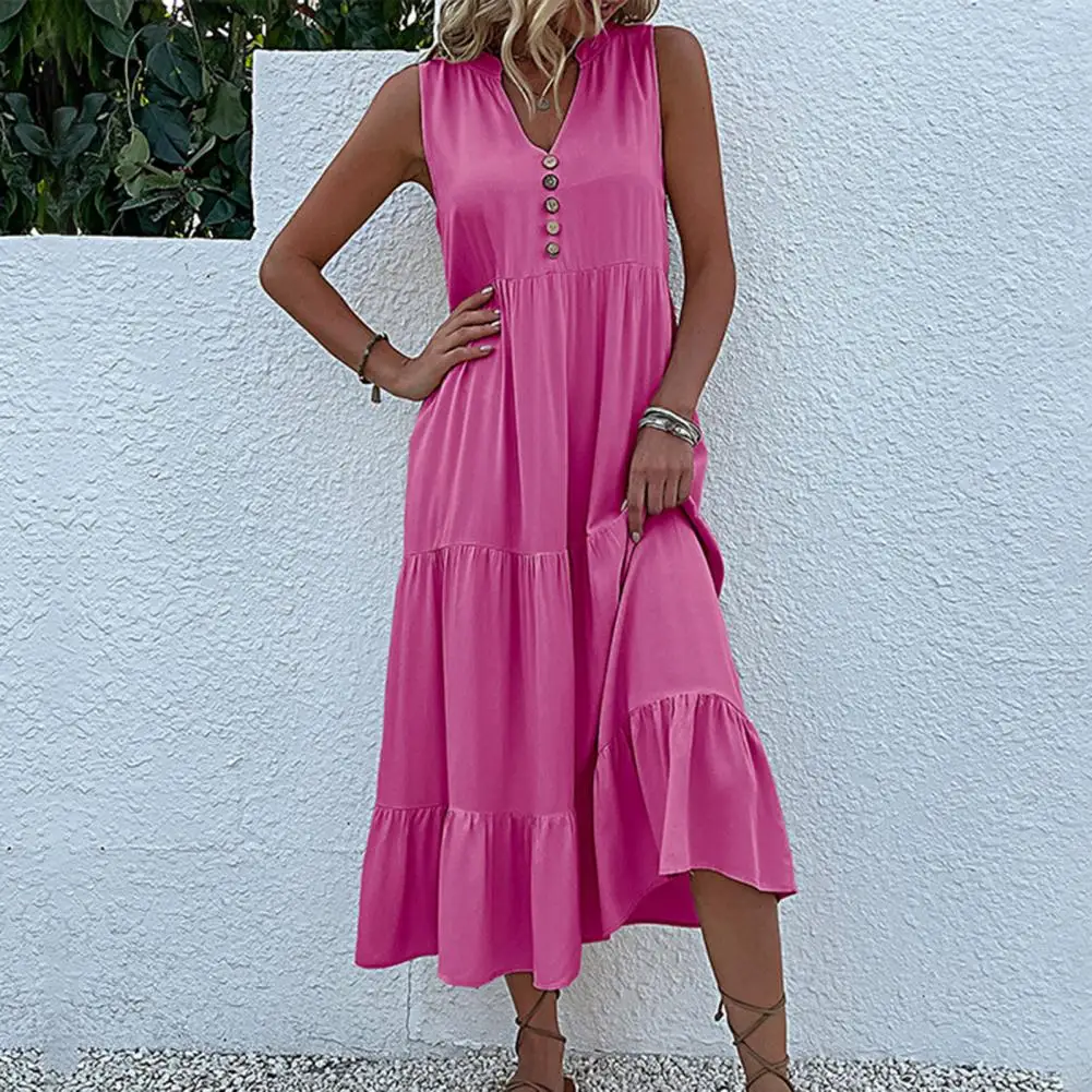 

Solid Color V-neck Dress Elegant V Neck Midi Dress with Button Decor A-line Hem for Women Soft Flowy Vacation Beach Dress Pure