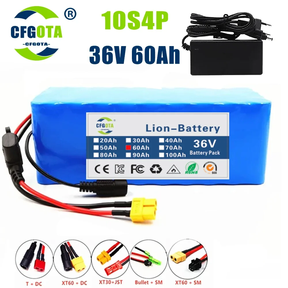 

10S4P 36V 60Ah Ebike Battery 18650 Lithium Battery Pack 500W High Power Battery 36V 12000mAh Electric Bicycle BMS+Charger