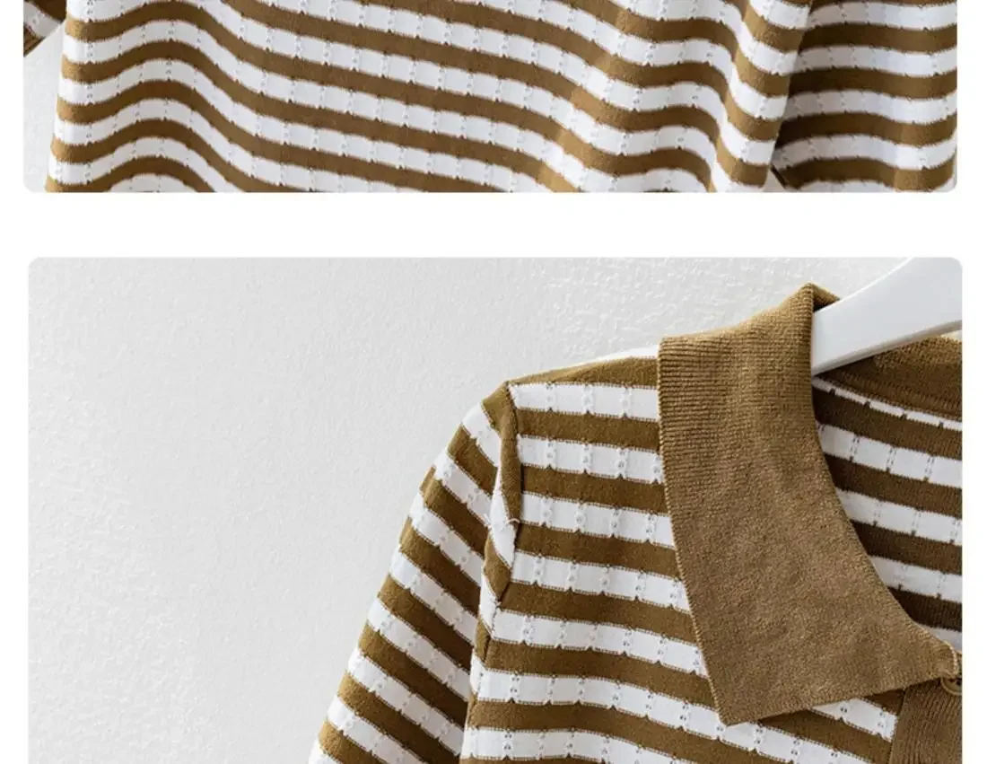 Fashion Women Short Sleeve Striped Knitted Polo Shirts Spring Summer All-match Tees Female Clothing New Pullover Bottoming Tops 47 S0e60a1e089d9461ba828dbc570560d04B
