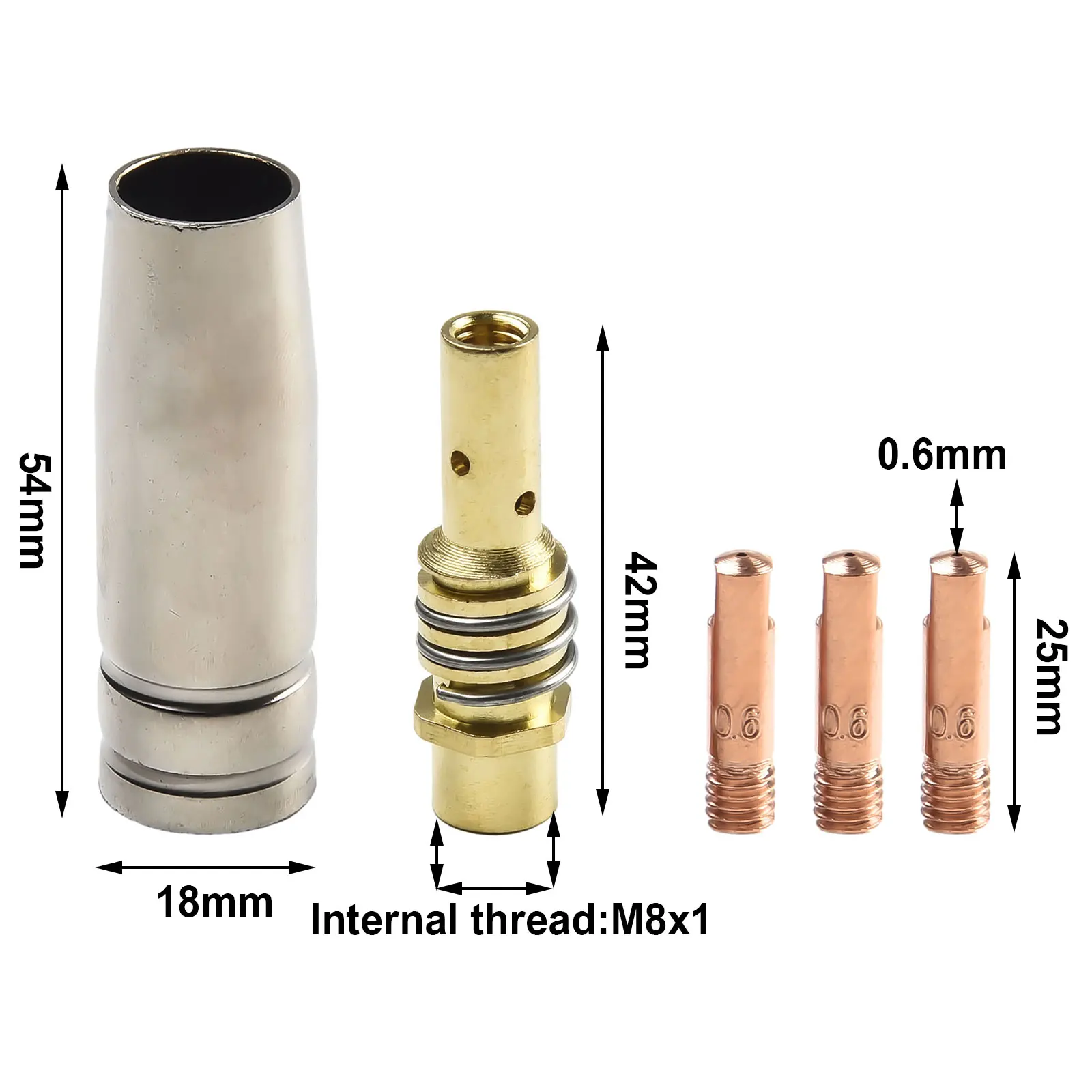 Consumables Kit Welding Nozzle 0.6/0.8/0.9/1.0/1.2mm 5pcs/set Accessories Conductive Tip Contact Tip MB15 15AK
Consumables Kit Welding Nozzle 0.6/0.8/0.9/1.0/1.2mm 5pcs/set Accessories Conductive Tip Contact Tip MB15 15AK