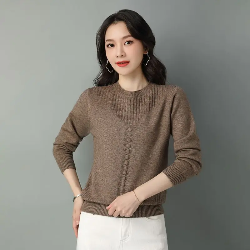 

Mom Outfit Autumn and Winter New Pullover Retro Sweater Solid Slim Vertical Bars Stitching Thicken and Keep Comfortable Warm Top