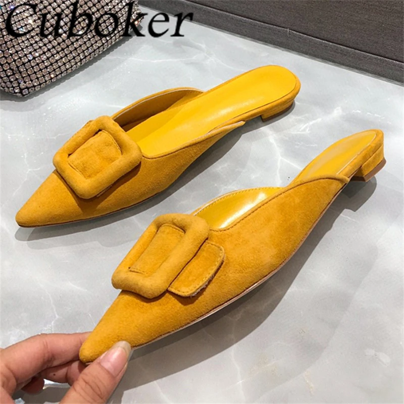 

2024 Summer Pointed Wrap Toe Suede Leather Flat Slippers For Women Elegant Square Buckle Mules Fashion Dress Slides Shoes Ladies