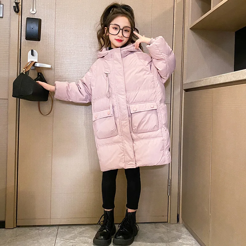 

Корейская зимняя длинная пуховая куртка для девочек младшей школы, ветрозащитная теплая парка с капюшоном для начальной школы, зимняя утепленная пуховая куртка для девочек