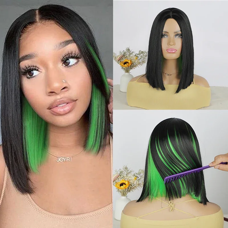 

Synthetic Straight Hair Bob Wigs for Women Short Black Green Highlight Bob Wig 12 Inch Straight Middle Part Lolita Cosplay Wig