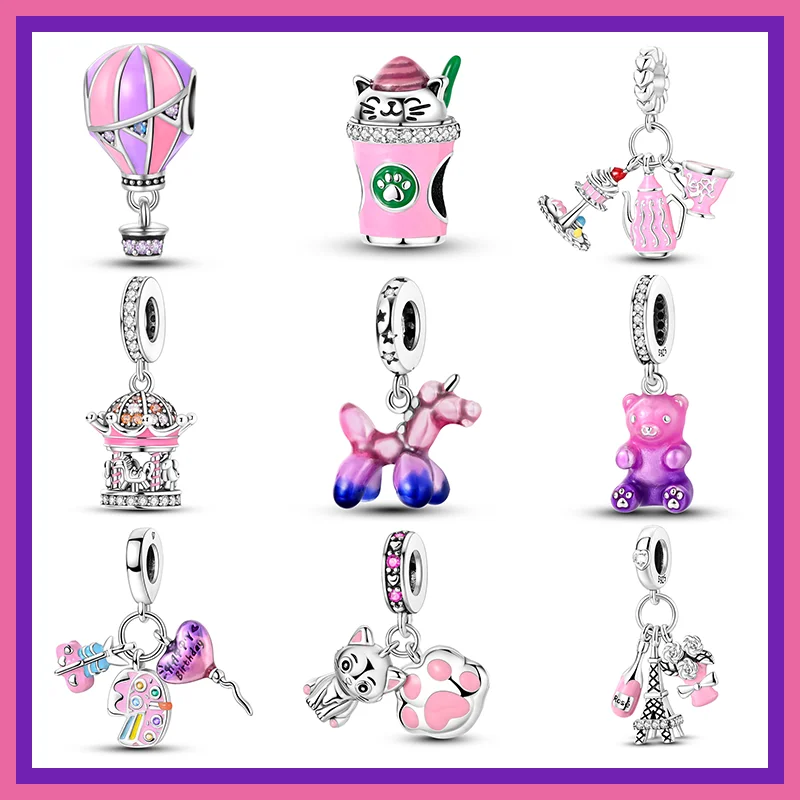 

925Sterling Silver Cute Cat Carousel Hot Air Balloon Charm Beads for Pandora Original Bracelet DIY Exquisite Jewelry Gift Making