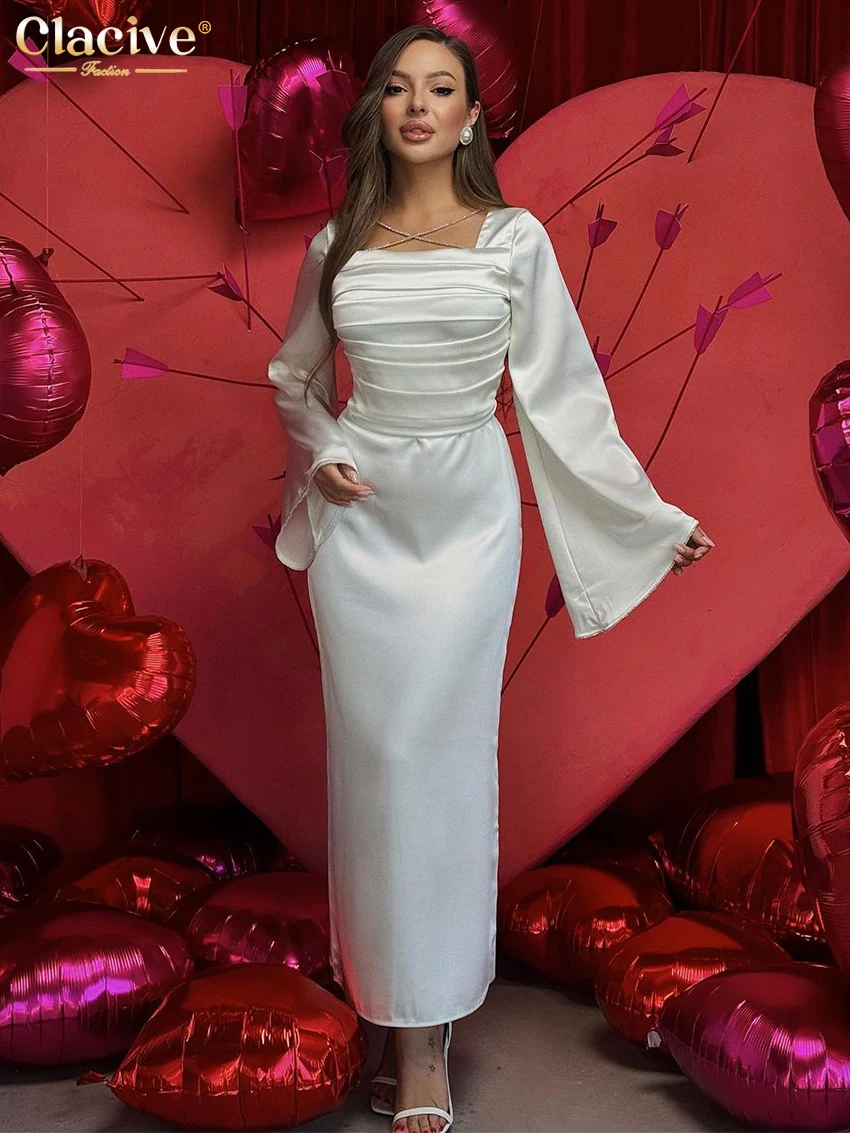 Clacive Bodycon White Satin Dress Lady Fashion Square Collar Long Sleeve Ankle Length Dress Elegant Ruched Dresses For Women
Clacive Bodycon White Satin Dress Lady Fashion Square Collar Long Sleeve Ankle Length Dress Elegant Ruched Dresses For Women
