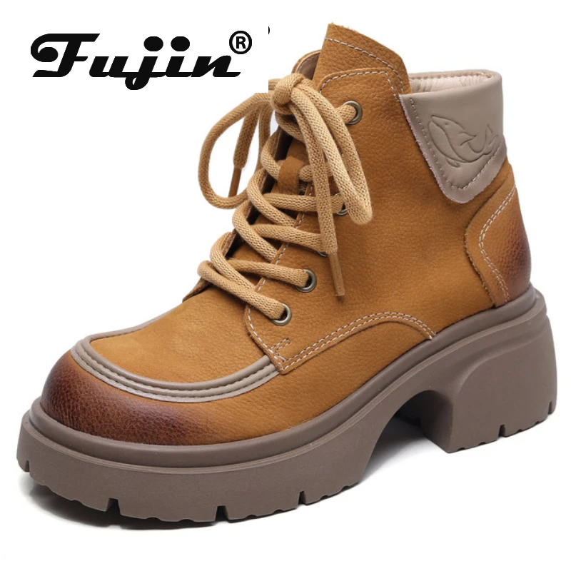 

Fujin/Женская обувь на плоской подошве 6 см; Удобная обувь на платформе и не сужающемся книзу массивном каблуке; Ботильоны из коровьей замши; Мокасины в британском стиле ретро