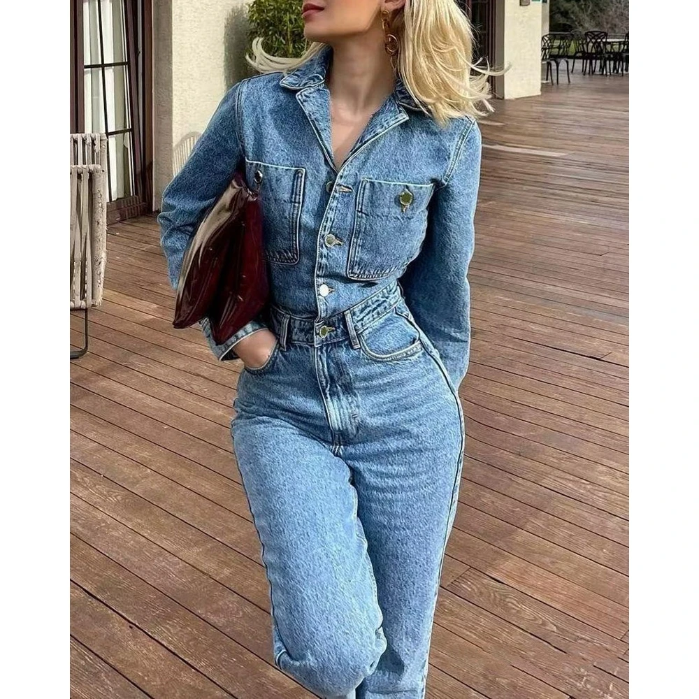 

Elegant Women Long Sleeve Denim Straight Leg Jumpsuit Buttoned Pocket Design Nothched Neck Jumpsuits One-Piece Party Outfits