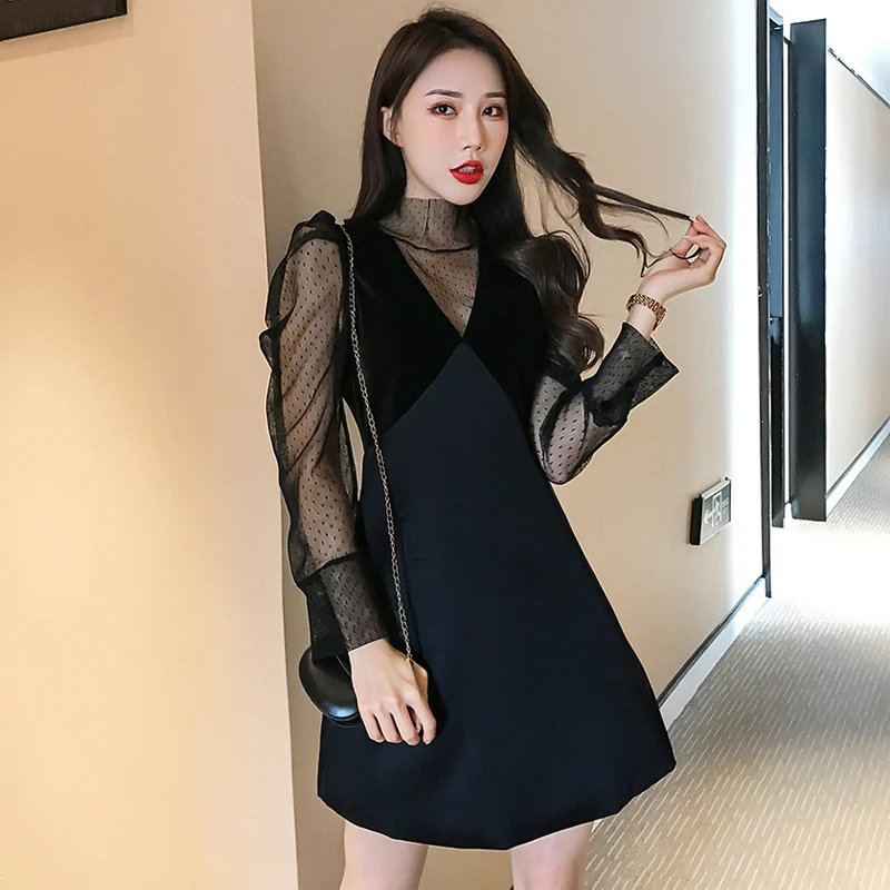 Women's Vintage Elegant Mesh Patchwork Velvet Dresses Ladies Fashion Slim Temperament Black Long Sleeve Dress Vestidos
Women's Vintage Elegant Mesh Patchwork Velvet Dresses Ladies Fashion Slim Temperament Black Long Sleeve Dress Vestidos